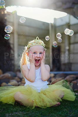 Buy stock photo Full length shot of an adorable little girl looking excited while playing make believe outdoors