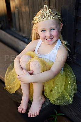 Buy stock photo Smile, portrait and child in princess dress for fantasy, home garden and wood fence. Happy girl in tutu, fairytale clothes and fashion crown with tiara, playful energy and childhood development