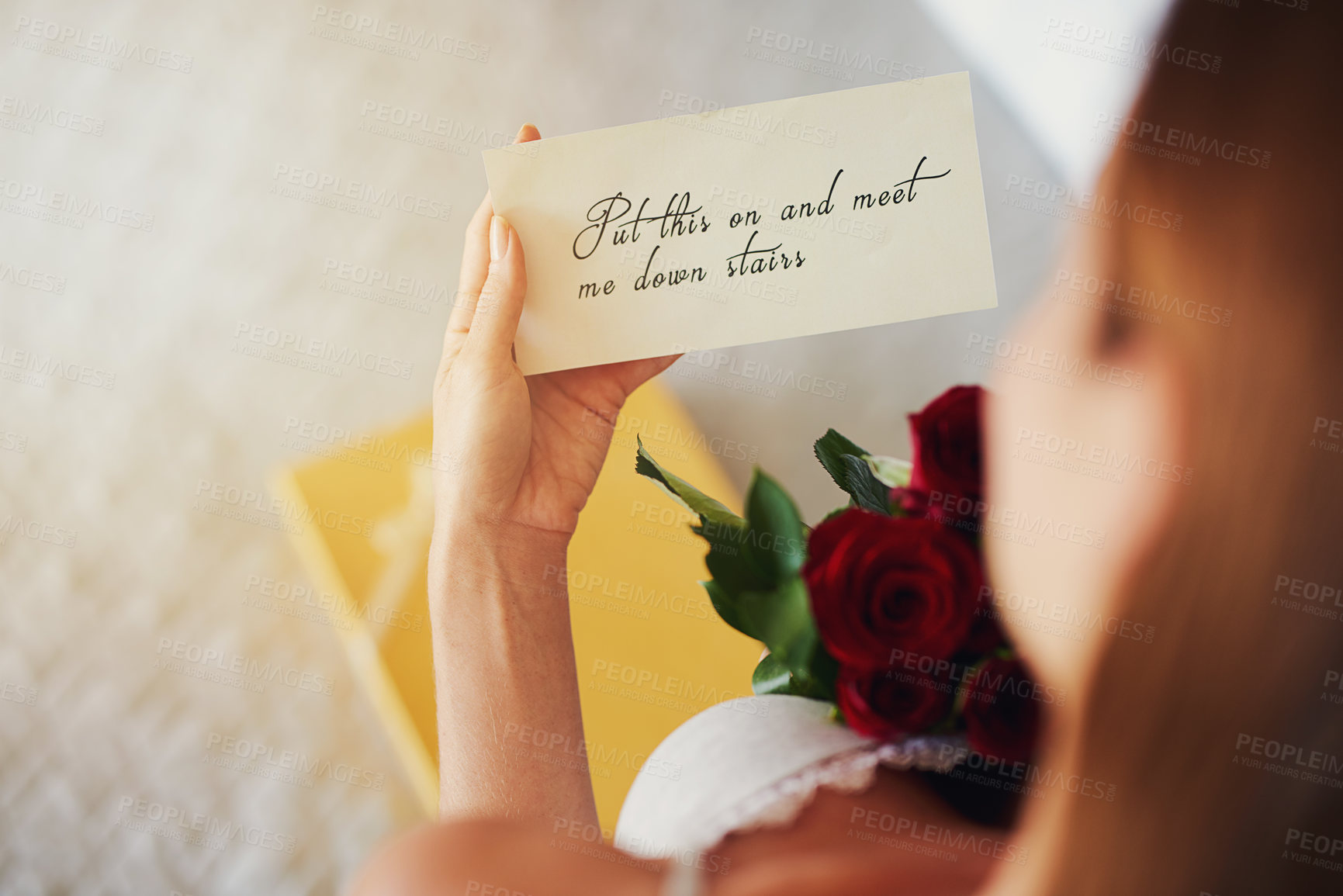 Buy stock photo Woman, roses and letter with gift in bedroom on birthday, celebration and valentines day event in home. Girl, reading notes and back with bouquet, flowers and invitation with announcement in house