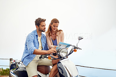 Buy stock photo Map, couple and direction on vacation, scooter and guide on travel, explore and sightseeing in outdoors. People, trip and paper or transport, navigation and adventure on bike, love and destination