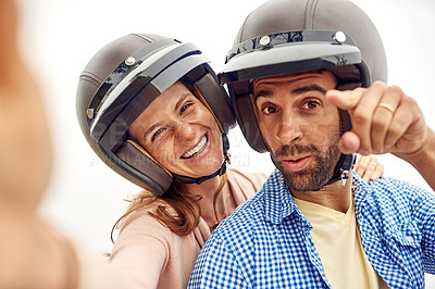 Buy stock photo Couple, helmet and selfie on road trip or hands, adventure and vacation or holiday, romance and memories. Happy people, freedom and outdoors or travel, smile and love for social media on phone