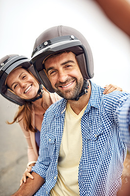 Buy stock photo Couple, helmet and selfie on road trip, smile and adventure or holiday, romance and memories. Happy people, freedom and outdoors or travel, joy and love for social media, portrait and vacation