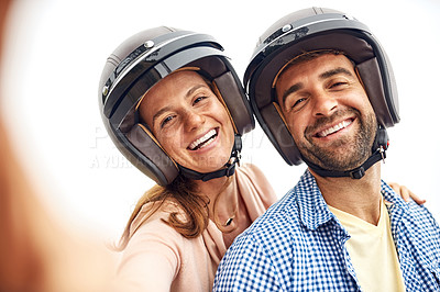 Buy stock photo Couple, hands and selfie or travel, smile and road trip or holiday, romance and memories. Happy people, freedom and outdoors on adventure, laughing and love for social media, portrait and vacation
