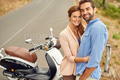 Buy stock photo Couple, portrait and motorbike with a hug for love, care and happiness together in summer. Man, woman and Italy adventure for road trip, honeymoon and romantic date or vacation journey to relax