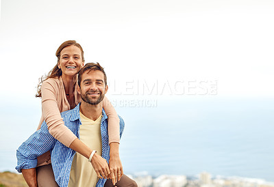 Buy stock photo Couple, piggy back and smile in portrait, outdoors and vacation or holiday, date and bonding for love. Happy people, play and fun on trip, travel and connection in marriage, support and trust or face