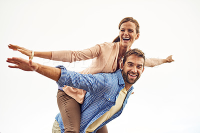 Buy stock photo Couple, piggy back and smile for travel, outdoors and vacation or holiday, date and bonding for love. Happy people, play and freedom on trip, airplane and connection in marriage, support and trust