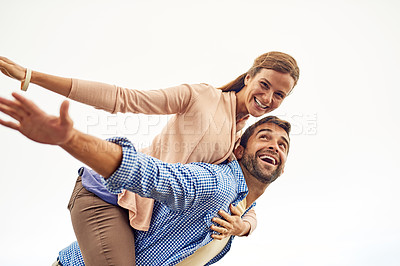 Buy stock photo Couple, piggy back and smile for peace, outdoors and vacation or holiday, date and bonding for love. Happy people, play and freedom on trip, airplane and connection in marriage, support and trust