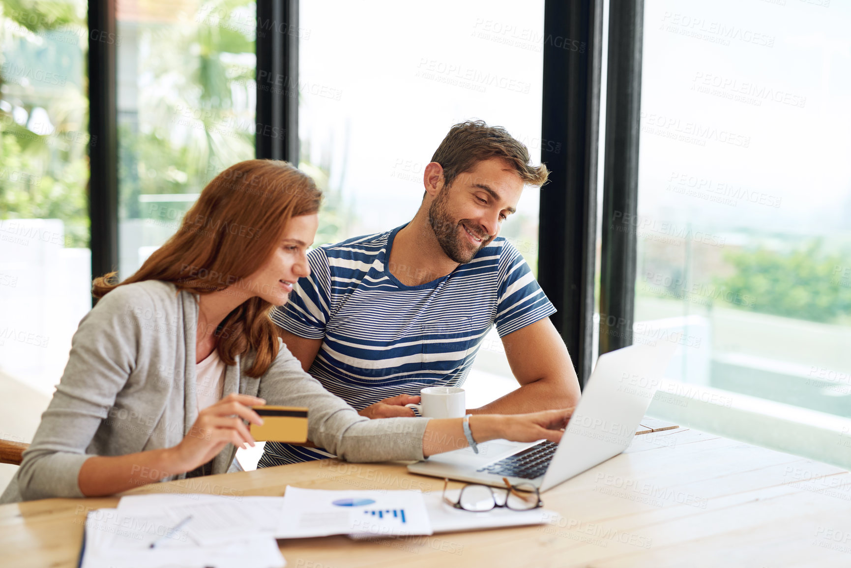 Buy stock photo Home, couple and laptop for finance, mortgage and planning for budget, investment and research for life insurance. People, apartment and man with woman, computer and conversation for rent and email
