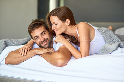 Buy stock photo Happy couple, wake up and resting in bedroom, house or support for marriage commitment in morning. Love, comfort or people bonding with smile for romantic relationship, peace or anniversary together