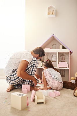 Buy stock photo Full length shot of a handsome young man and his daughter playing with her dollhouse