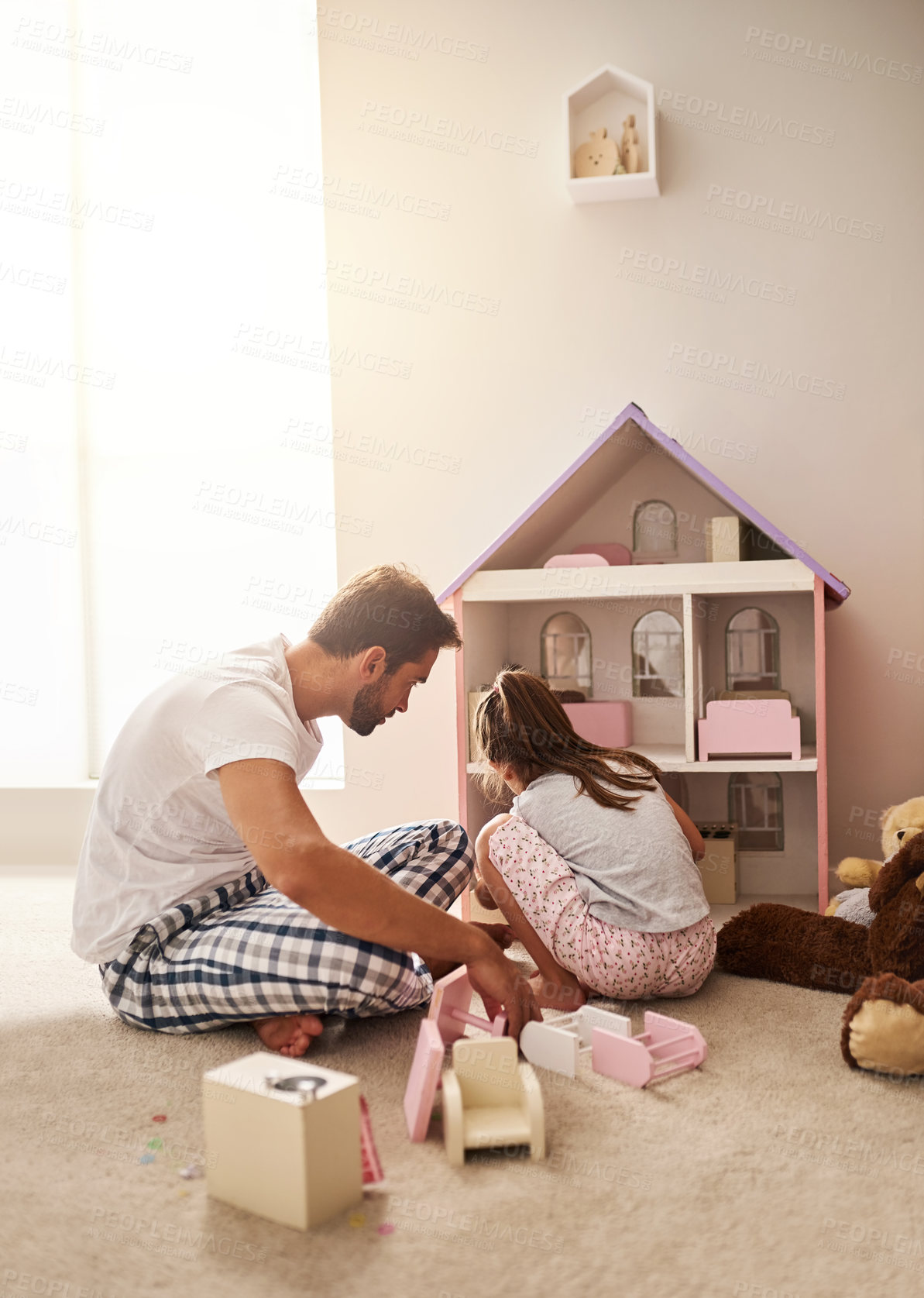 Buy stock photo Play, dad and girl in home with dollhouse for games, love and support or together for care. Man, child and fantasy in bedroom or apartment for teaching or learning, trust and creativity for morning