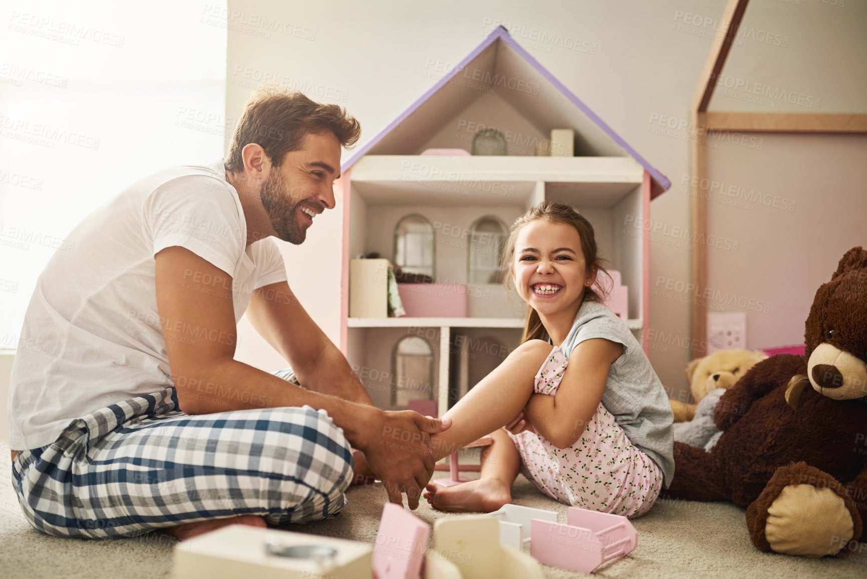 Buy stock photo Dad, toys and portrait girl in home with dollhouse for games, love and support or happy for care. Man, child and excited on floor in bedroom for teaching or learning, trust and creativity for morning