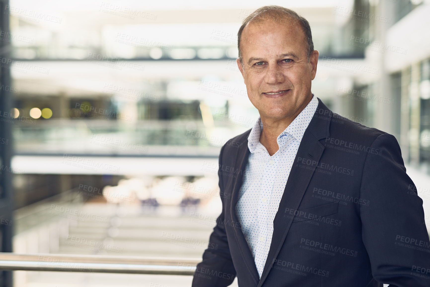 Buy stock photo CEO, businessman and happy architect with portrait for project management, property planning and mockup. Mature contractor, professional person or smile for engineering, building planner or pride