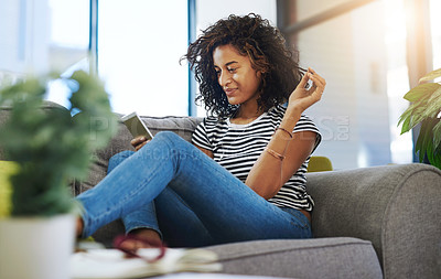 Buy stock photo Relax, phone and happy woman on sofa in home for network, online website and social media. Communication, mobile app and female person on smartphone for chatting, text message and internet connection