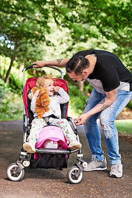 Buy stock photo Stroller, teddy bear and father with child in nature for walk, journey or adventure together. Pram, outdoor and dad with girl toddler kid in park for bonding, connection or family time in field.