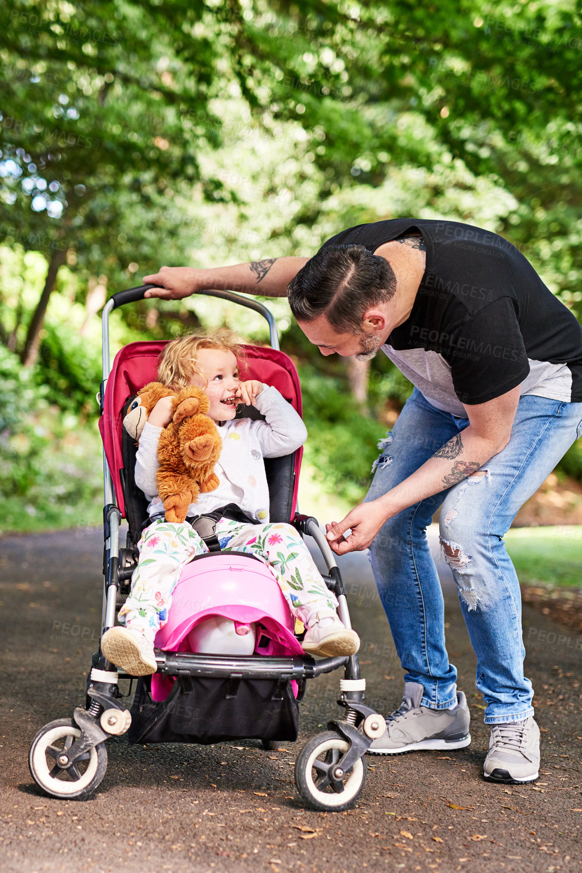 Buy stock photo Stroller, teddy bear and father with child in nature for walk, journey or adventure together. Pram, outdoor and dad with girl toddler kid in park for bonding, connection or family time in field.