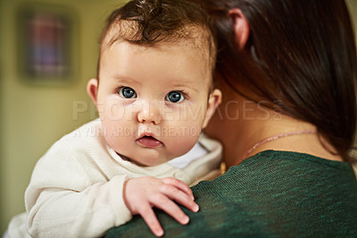 Buy stock photo Love, baby and portrait with mom for care, support and relationship development at home. Back of mother, child and face in living room for trust, security or carry for bonding and nap time with woman