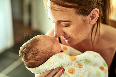 Buy stock photo Mother, nose and newborn baby in home, sleeping and support child for development in dream. Mom, eskimo kiss and holding kid for relationship connection by bonding, rest and love for infant or care