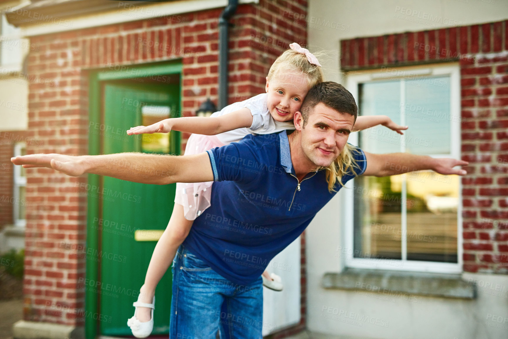 Buy stock photo Airplane, man and child on back for family, happiness and portrait at family home. Father, daughter and fantasy play in backyard for growth, love and trust in relationship with care, fun and support