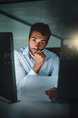 Buy stock photo Businessman, portrait and night with documents for finance, accounting or project at office. Man, employee or accountant working late with notes, paperwork or financial business plan at workplace