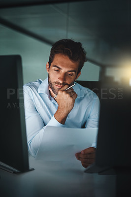 Buy stock photo Businessman, thinking and night with documents at office for finance, accounting or project. Man, employee or accountant working late with notes, paperwork or financial business plan at workplace