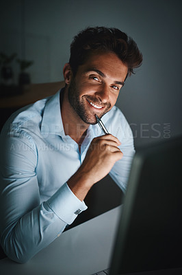 Buy stock photo Smile, portrait and businessman with pen by computer for email, internet and working late in office for corporate career. Happiness, desk and lawyer with technology for communication in workspace