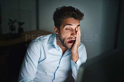 Buy stock photo Man, tired and yawn in office with computer for research, urban infrastructure planning at night and architect with deadline. Business fatigue, late in architecture industry and engineer with burnout