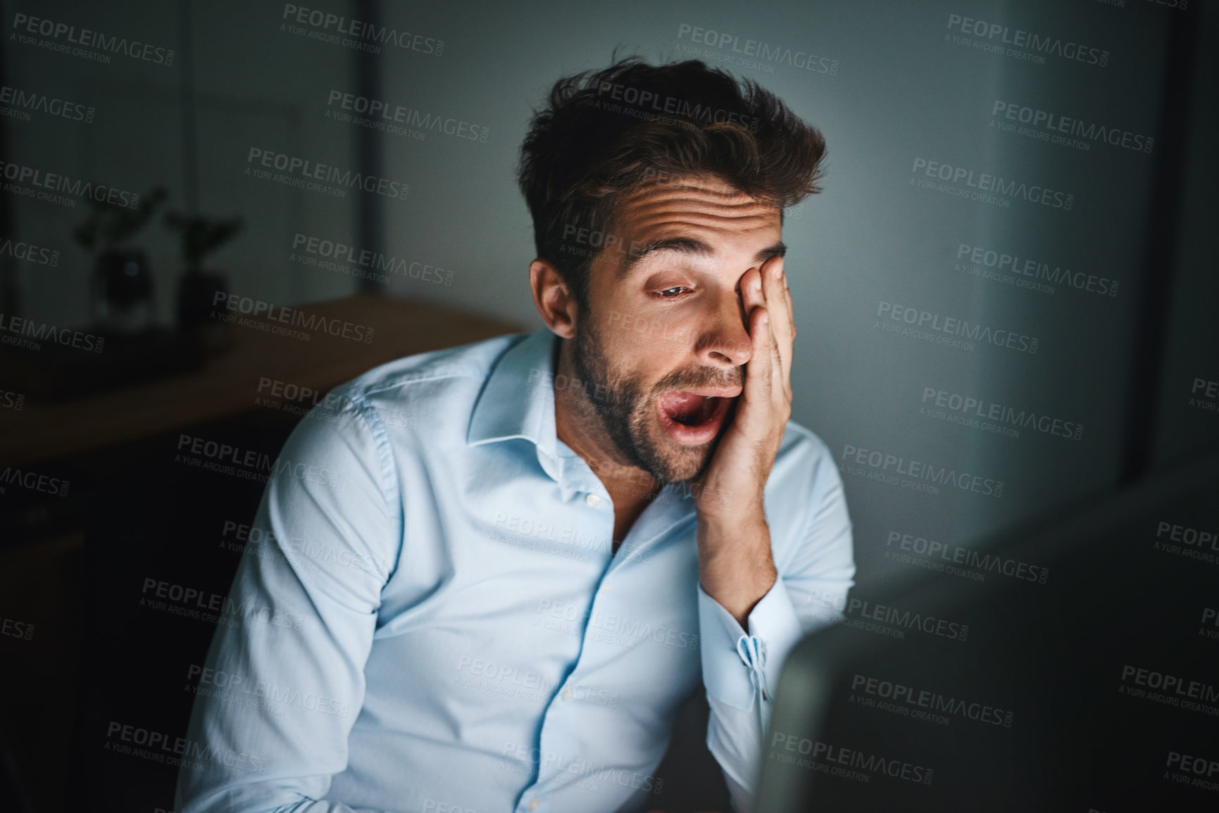 Buy stock photo Man, tired and yawn in office with computer for research, urban infrastructure planning at night and architect with deadline. Business fatigue, late in architecture industry and engineer with burnout