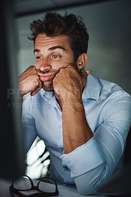 Buy stock photo Man, tired and bored in desk with computer for coding, programming and software development at night. Business fatigue, late or night for information technology and engineer with burnout in dark