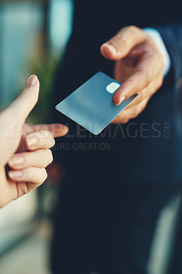 Buy stock photo Credit card, hands and payment for a business service, finance support or shopping. Giving, ecommerce and a transaction of financial wealth, buying and paying with people in a shop for a sale