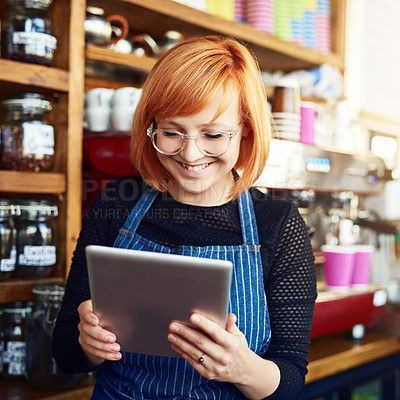 Buy stock photo Barista, woman and tablet for startup cafe menu or online order on website in coffee shop. Small business owner, waiter and review with technology for stock inventory or price checklist in store