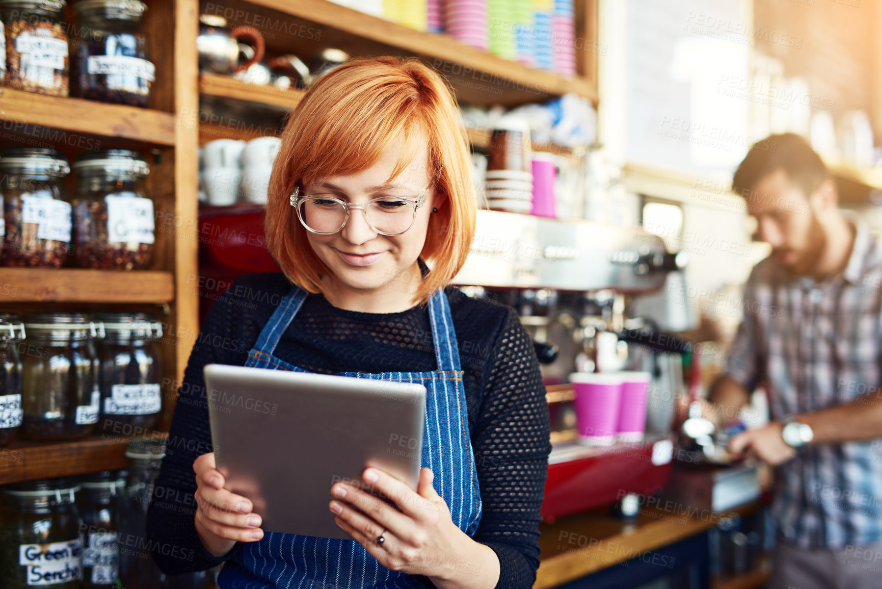 Buy stock photo Barista, woman and tablet for small business menu or online order on website in startup cafe. Coffee shop owner, waiter and review with technology for stock inventory or price checklist in store