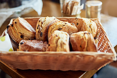 Buy stock photo Cropped shot of freshly baked scones in a basket