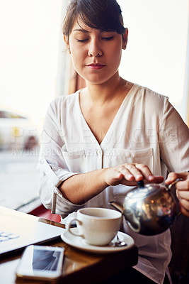 Buy stock photo Relax, woman and pour tea in cafe for drink, beverage and remote work on laptop. Pot, coffee shop and customer prepare latte, espresso and fresh brew with freelancer at self service restaurant table