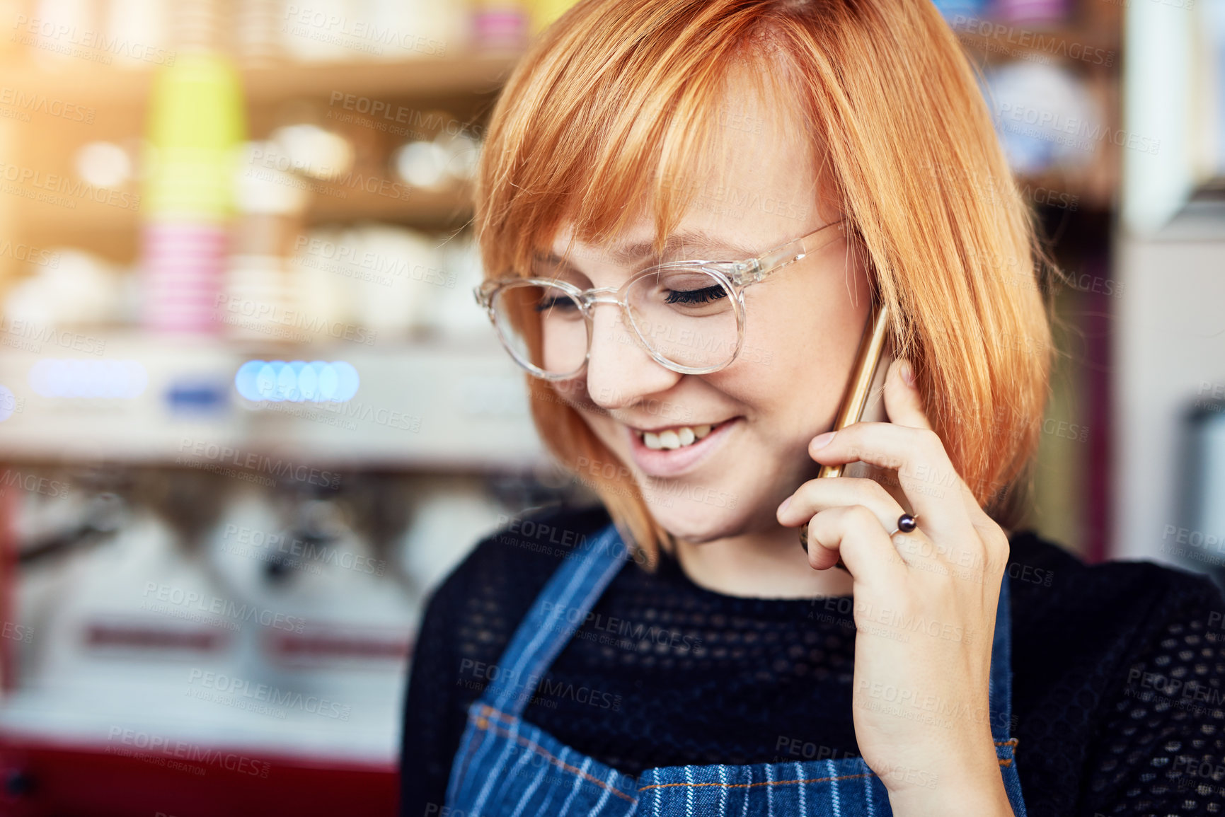 Buy stock photo Phone call, waitress and woman with smile in shop, glasses and communication for schedule of shift. Cafe, barista and person with mobile, happy and talking with contact, apron and order to supplier