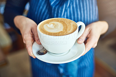 Buy stock photo Hands, coffee and waitress in restaurant or bistro for customer service, order or serving as worker. Person, hot beverage and small business with latte in cafe, hospitality and industry as barista