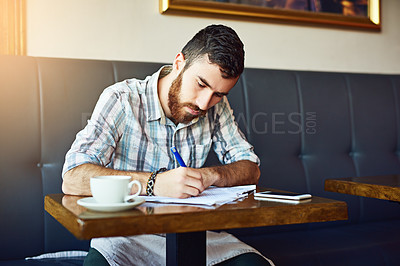 Buy stock photo Coffee shop, writing and man with checklist for inventory, menu items and stock review in cafeteria. Restaurant, small business and person with paperwork for planning, documents and products