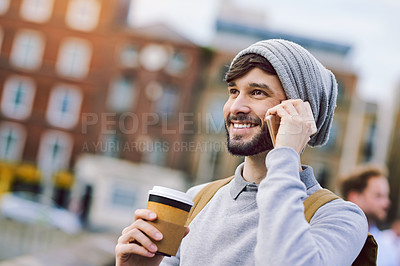 Buy stock photo Man, phonecall and happy in city or talking with smile, online communication on mobile app and coffee. Outside, connection and smartphone in downtown with tourist, Germany and technology with drink