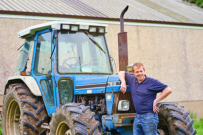 Buy stock photo Man, portrait and farmer by tractor in nature outdoor for transportation, maintenance and mowing or planting. Male person, agricultural equipment and machine for Irrigation, cultivation and plowing.