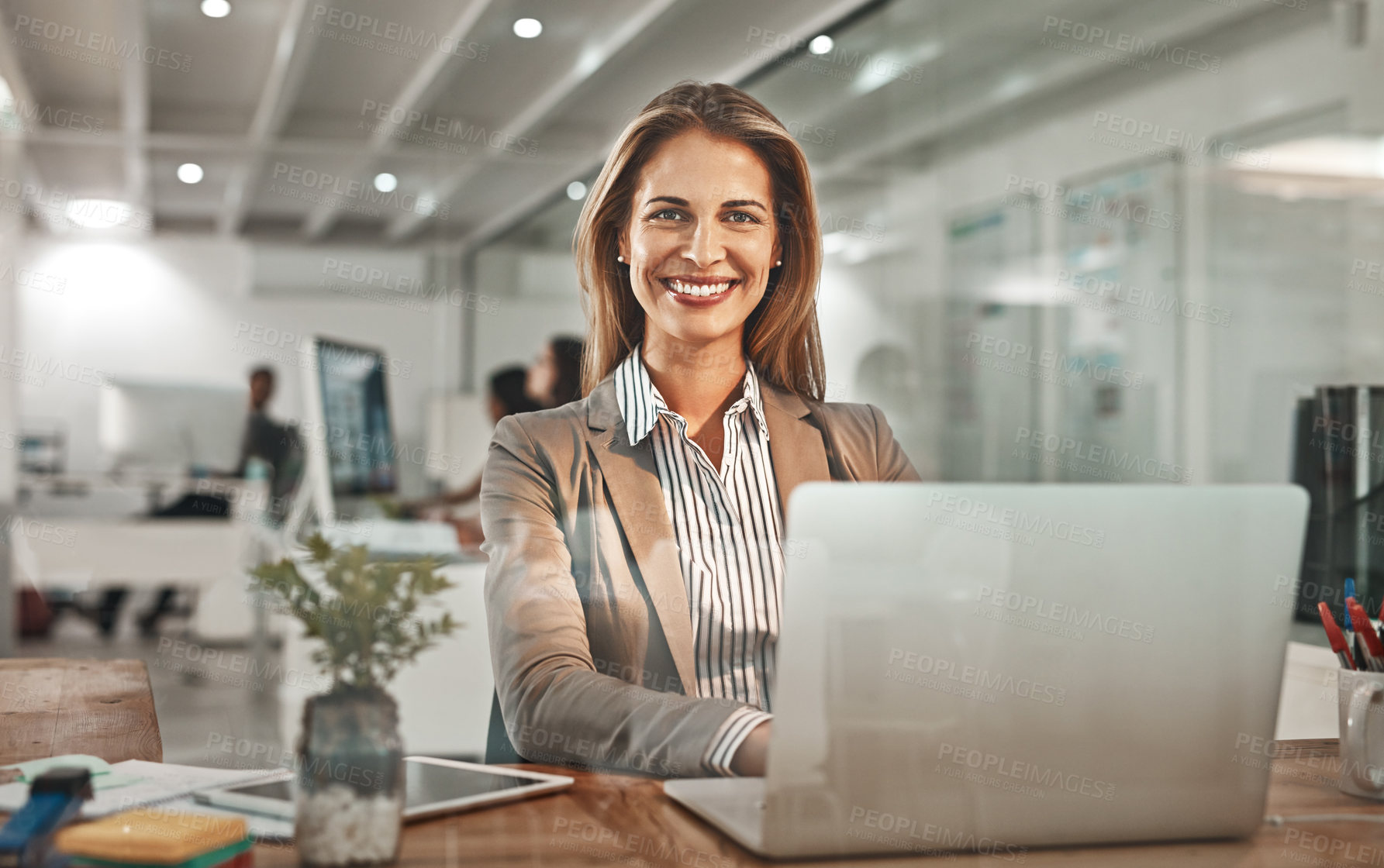 Buy stock photo Portrait, business and woman with pc, smile or happiness with internet, connection or online editing. Face, employee or journalist with laptop, research for article or website information for project