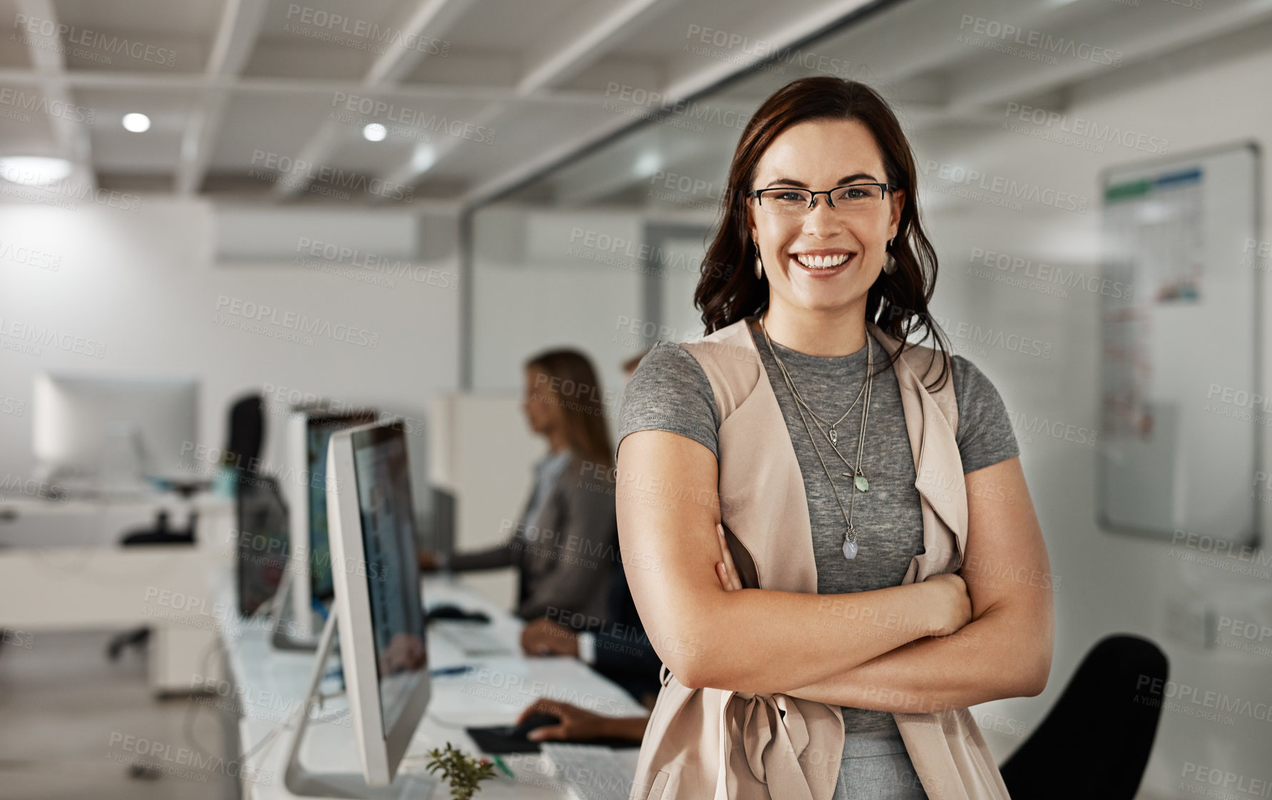 Buy stock photo Portrait, happy woman and manager with arms crossed in office for business experience. Face, confident leader or pride of expert product designer with glasses at creative startup at night on deadline