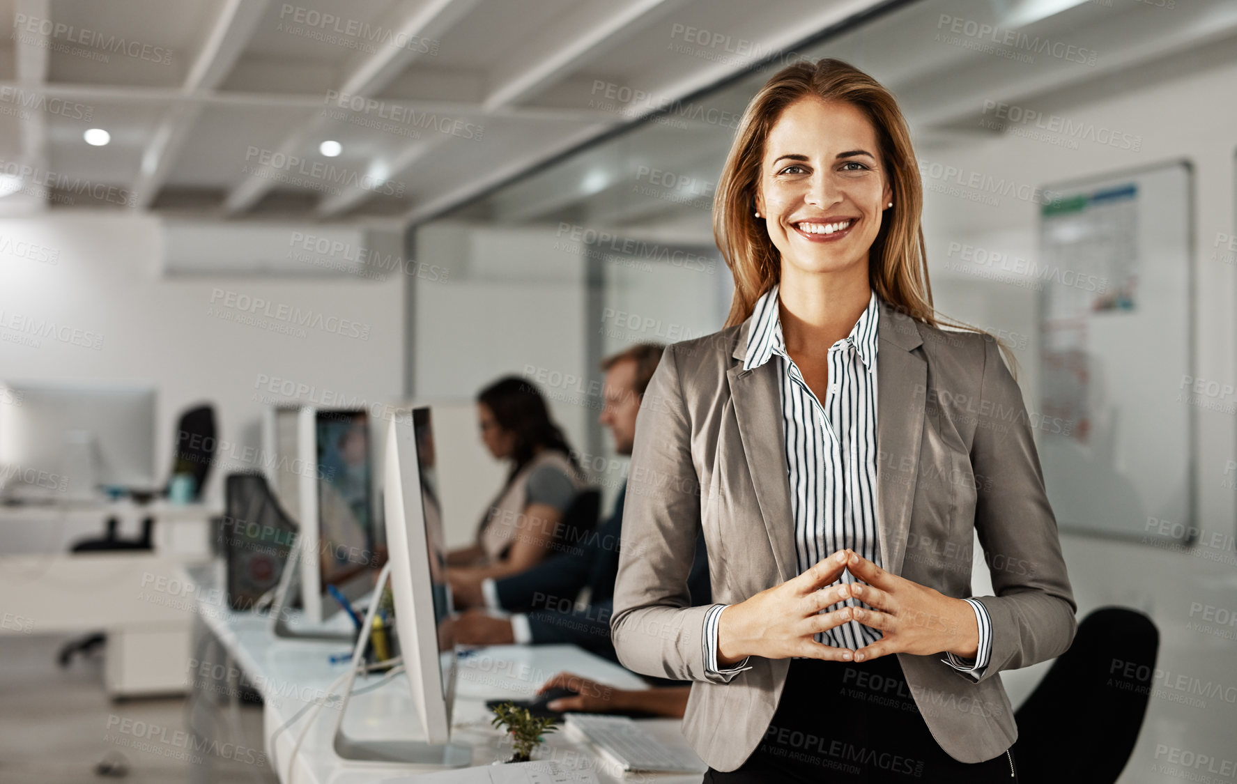 Buy stock photo Portrait, business woman and happy manager in office for career experience or job. Face, confident leader and pride of expert public relations specialist working on press release at night on deadline
