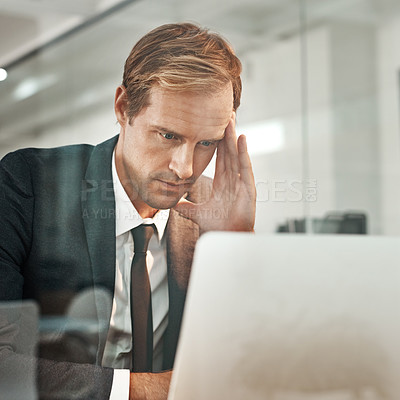 Buy stock photo Business, man and stress on laptop at office with red glow or flare for deadline or overworked as broker. Male person, employee and headache or tired on pc on internet for information and research