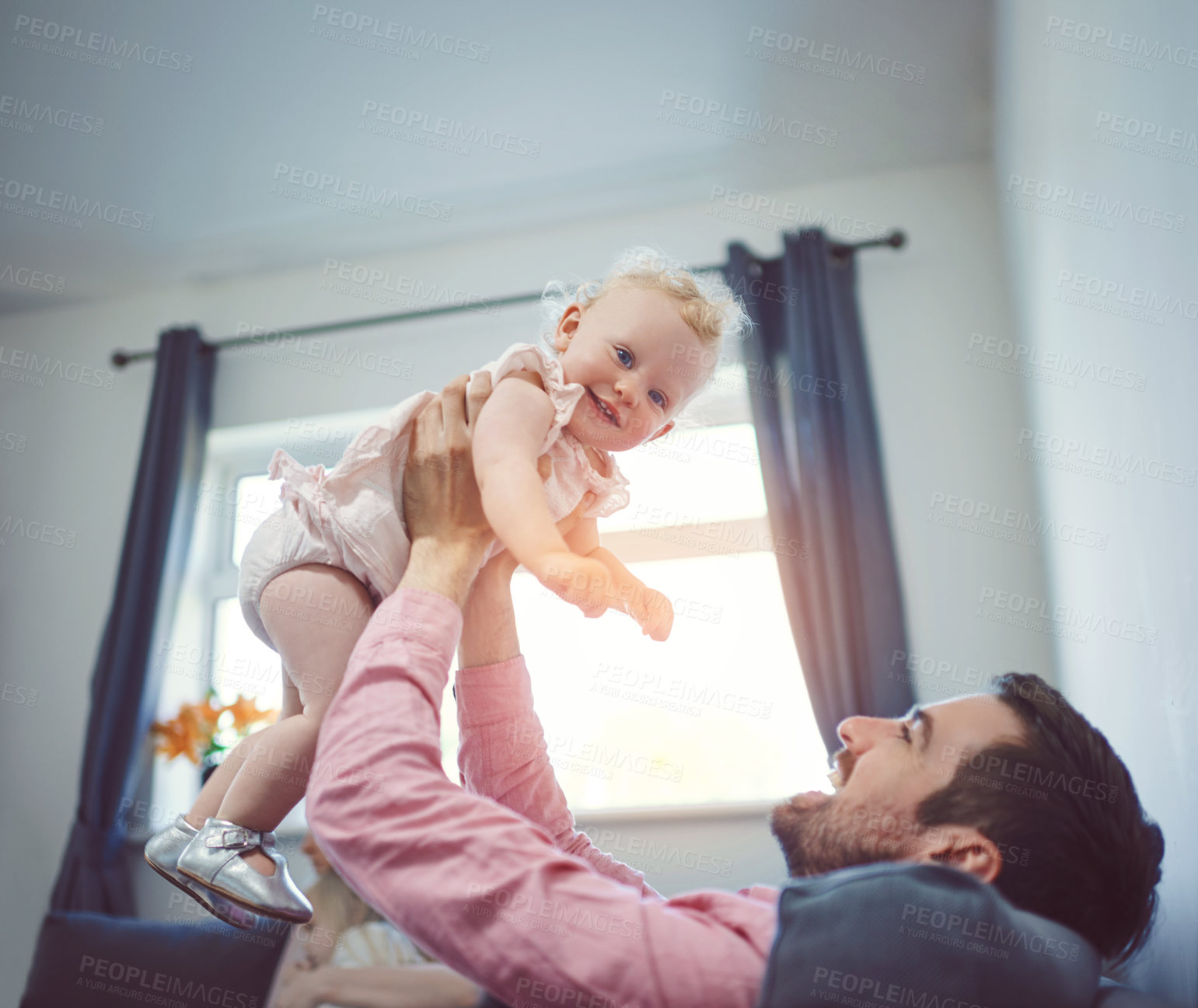 Buy stock photo Care, playful and father and daughter on sofa of lounge for happiness, bonding and smile. Calm, love and support with man and girl in living room of family home for trust, growth and comfort together