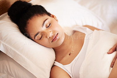 Buy stock photo Woman, sleeping and rest in bed for peace, calm and nap to relax in comfortable apartment. Female person, lazy and dream on weekend pillow in home, tired and blanket for fatigue and cozy in bedroom