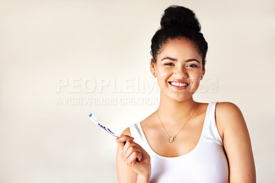Buy stock photo Smile, oral health and portrait of woman with toothbrush for morning hygiene routine in studio. Happy, clean and person with dental care product for plaque, gums and breath by white background mockup