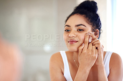 Buy stock photo Skincare, reflection and woman popping acne on face with hands, dirt or scar on skin in home. Dermatology, facial wellness and girl in bathroom to squeeze pimple, checking mirror or morning routine