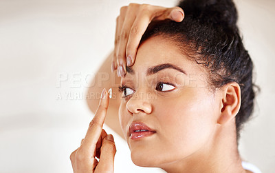 Buy stock photo Vision, woman and contact lens in bathroom for health, wellness and eyesight on morning routine in home. Ophthalmology, corrective beauty or girl apply eyewear for medical optometry, eye care or face