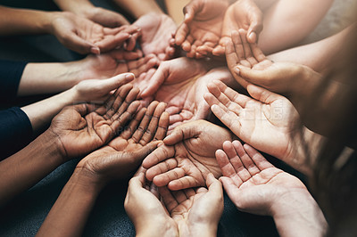 Buy stock photo People, hands and team with circle palm for growing in a start up in a community with trust. Group, diversity and hand for a contribution in business for growth and concept of protection and care.