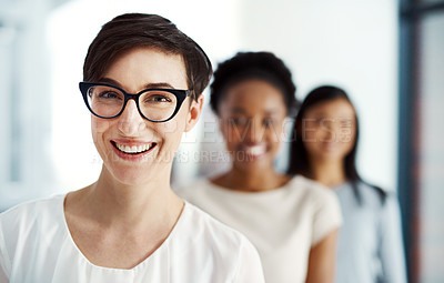 Buy stock photo Smiling and successful female business woman feeling happy about office success and teamwork. Portrait of a modern woman worker about to work. Ambitious employee excited about career opportunity 